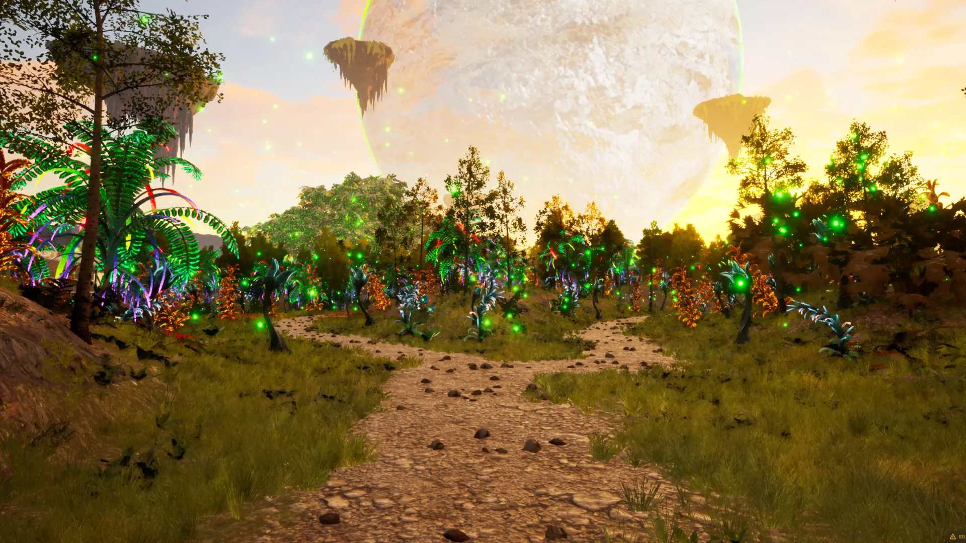 A vivid, bioluminescent healed environment glowing green in Luminis