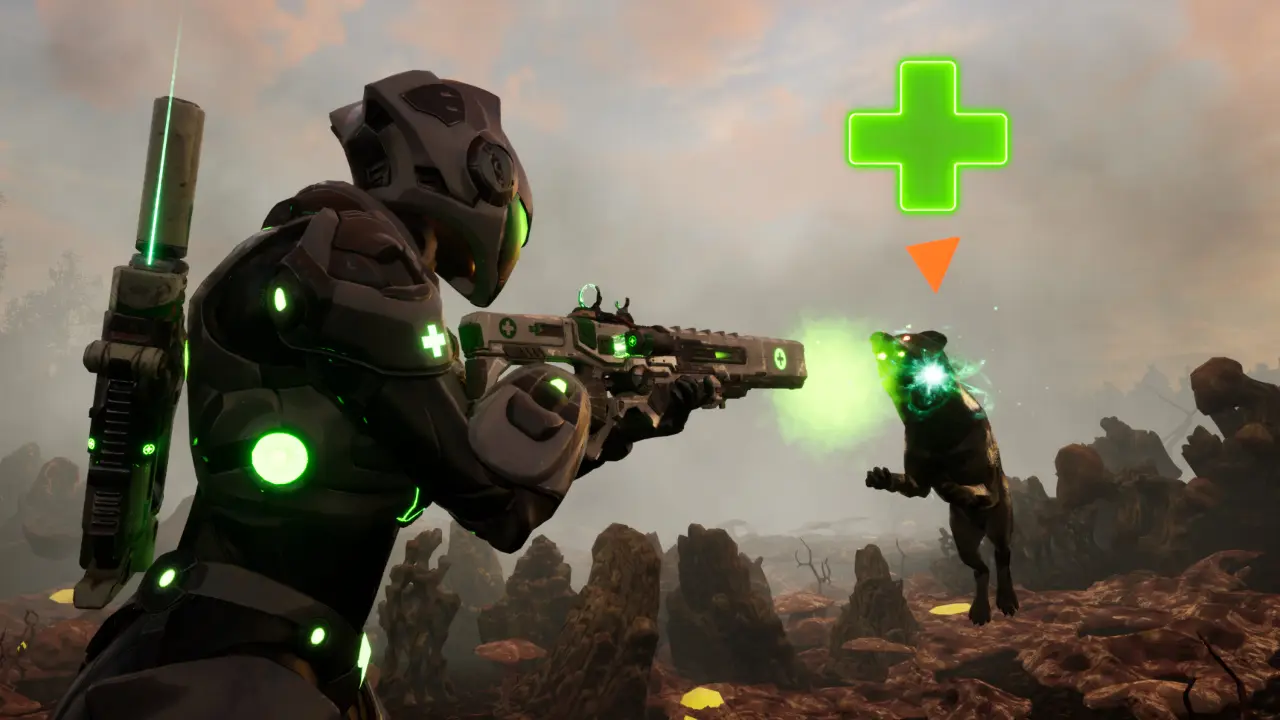 A wolf being healed by a ring of green light in Luminis