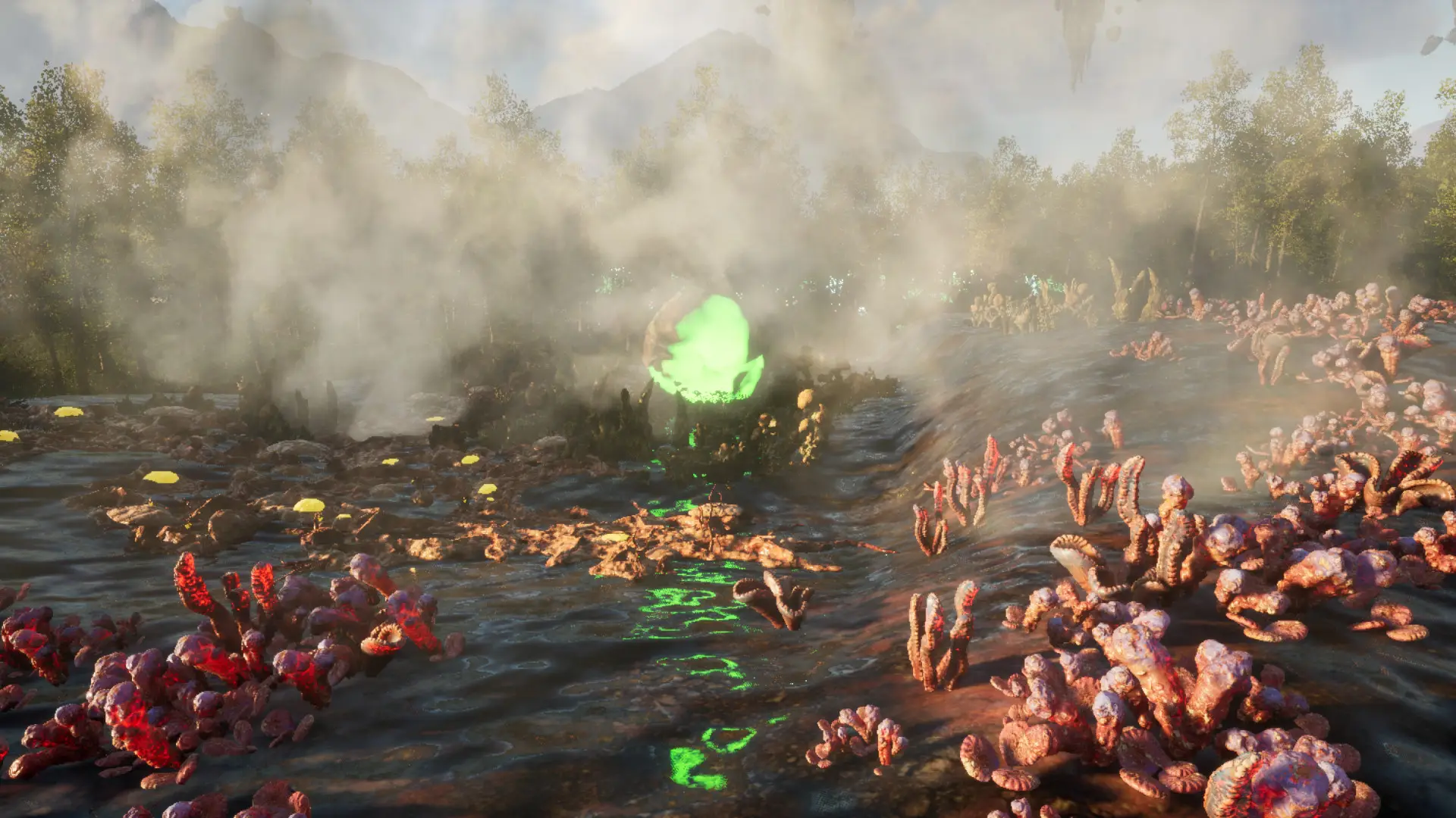 A fogged, corrupted environment overtaken by infection in Luminis