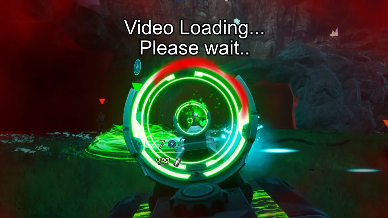 Player aiming a healing rifle at red robots, under pressure.